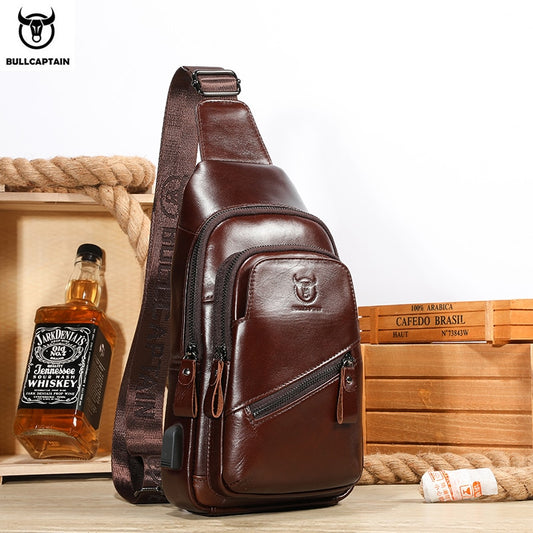 BULLCAPTAIN 2023 The Latest Men's Leather Chest Bag Large Capacity Casual Men's Messenger Bag Classic Leather Chest Bag XB 127