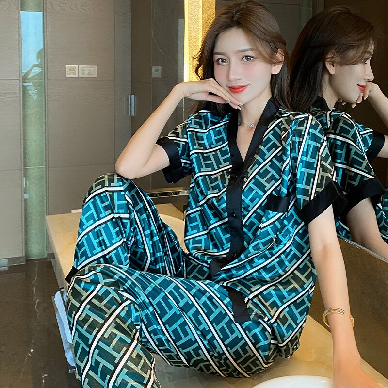 M-5XL Large Size Luxury Stain Pajamas Set Women Summer V Neck Letter Print Satin Sleepwear for Woman with Pants Home Suit Clothe