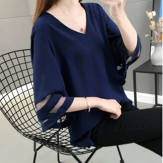 Sweet Elegant Casual V-neck Flare Sleeve Splicing Mesh Solid Color Loose Plus Size Chiffon Clothes For Woman Shirt Tops Blouses