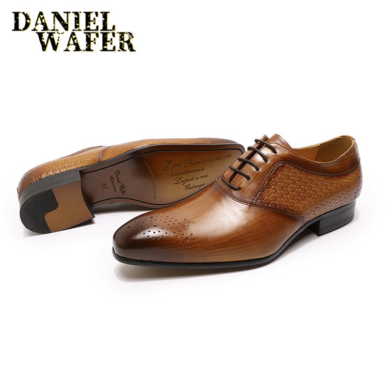 Luxury Mens Oxford Shoes Genuine Leather Prints Brown Black Lace-Up Pointed Toe Office Wedding Dress Formal Oxford Shoes for Men