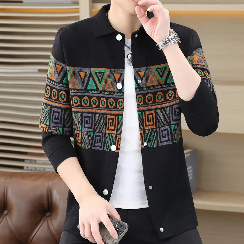 Trendy Jacquard Cardigan Men's Embroidered Sweater 2023 Autumn New Lapel Knitted Sweaters Jacket Outer Slim Jackets Men Clothing