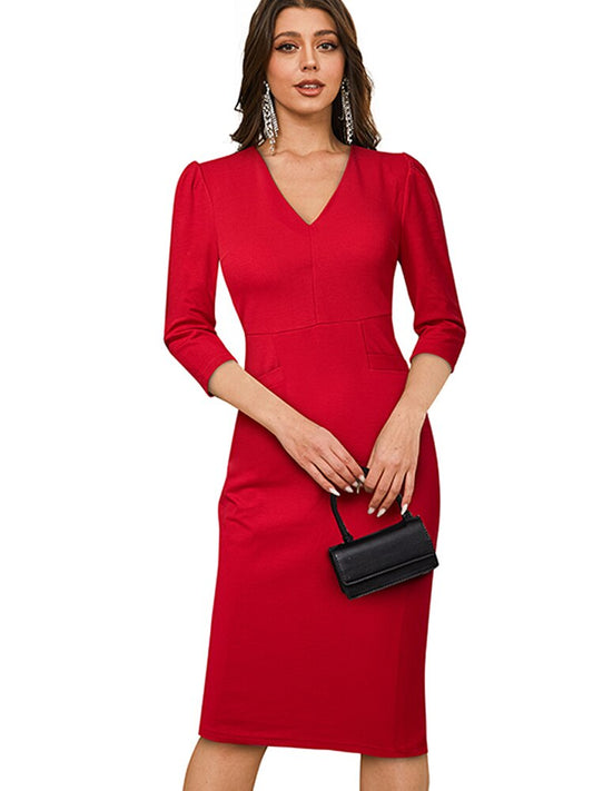Nice-Forever Autumn Women Classy V Neck Plain Dresses Formal Business Party Elegant Bodycon Slim Dress B742