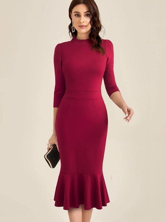 Nice-Forever Autumn Women Classy Stand Collar Plain Dresses Formal Party Elegant Mermaid Dress B741