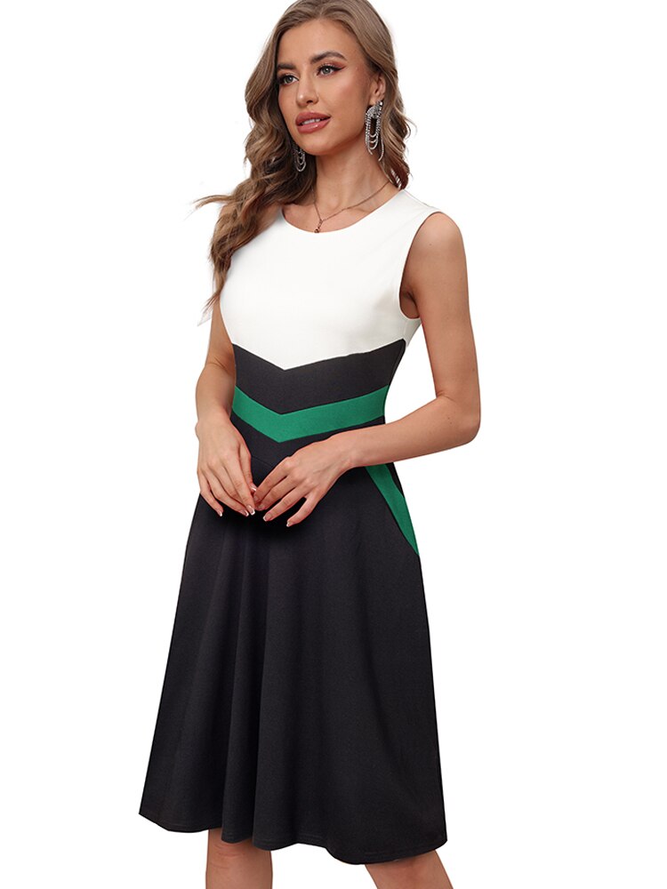 Nice-Forever Summer Women Classy Contrast Color Patchwork Dresses Formal Business Elegant Flare Dress A324