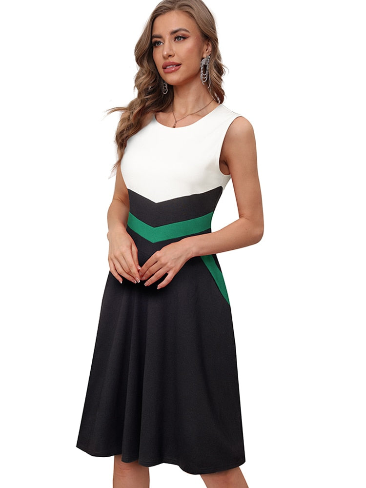 Nice-Forever Summer Women Classy Contrast Color Patchwork Dresses Formal Business Elegant Flare Dress A324