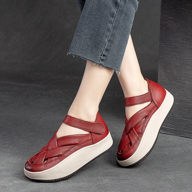 DRKANOL 2023 Fashion Women Sneakers Summer Cross Genuine Leather Hollow Out Breathable Shallow Flat Platform Casual Sneakers
