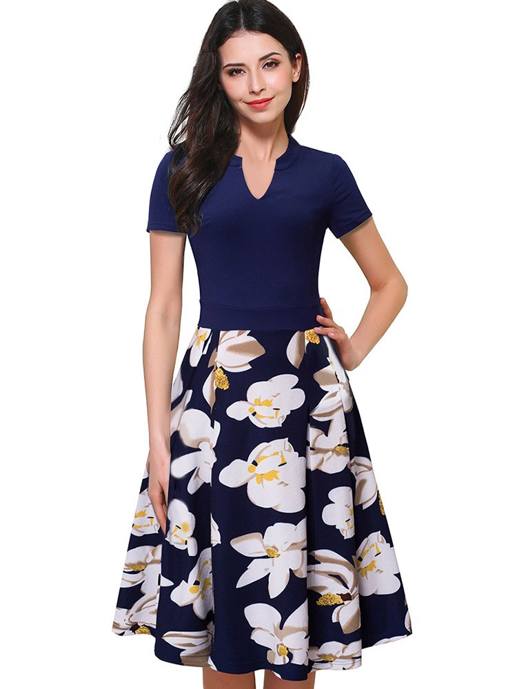 Nice-forever Summer Women Elelgant Floral Patchwork Print Dress Casual Retro A-Line Swing Flare Dress A036