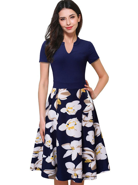 Nice-forever Summer Women Elelgant Floral Patchwork Print Dress Casual Retro A-Line Swing Flare Dress A036