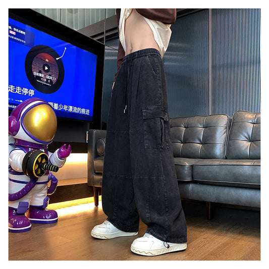 Multi-Pocket Washed Cargo Pants Men Women Y2K Vintage Streetwear Loose Oversized Straight Wide-Leg Jeans Dark Green/Purple