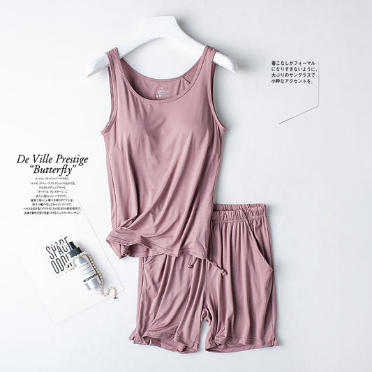 Summer new women's modal pajamas two-piece vest + shorts with chest pad lingerie seamless cup camisole homewear set pajama