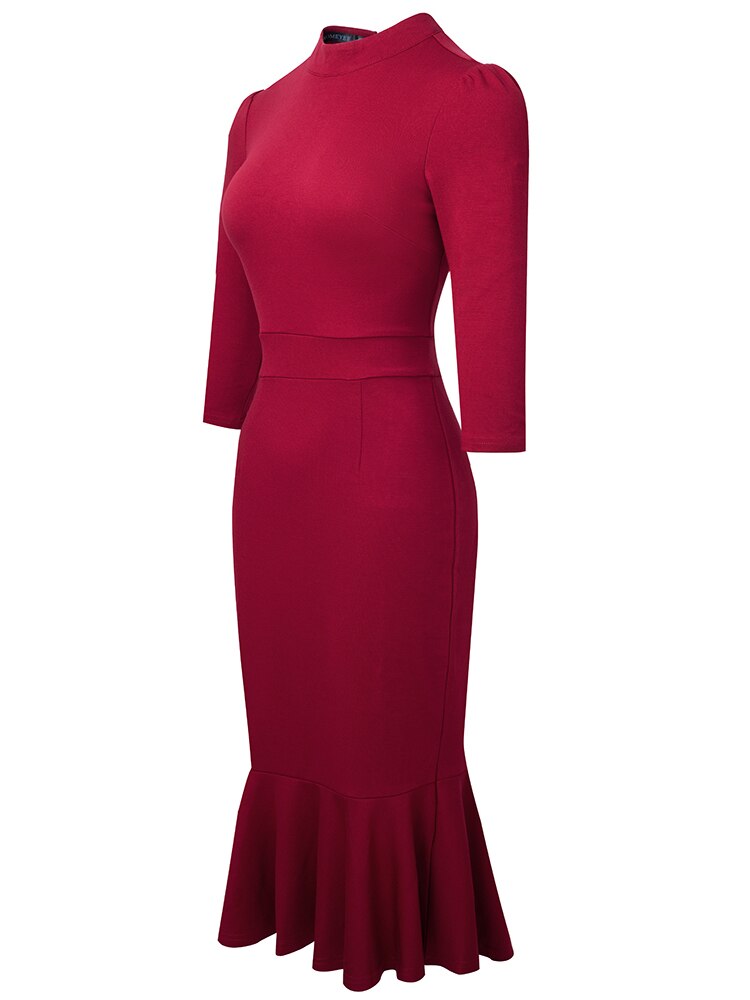 Nice-Forever Autumn Women Classy Stand Collar Plain Dresses Formal Party Elegant Mermaid Dress B741