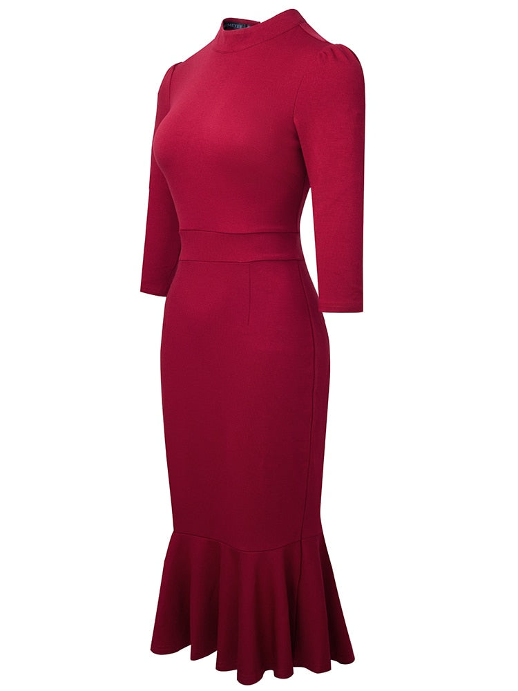 Nice-Forever Autumn Women Classy Stand Collar Plain Dresses Formal Party Elegant Mermaid Dress B741