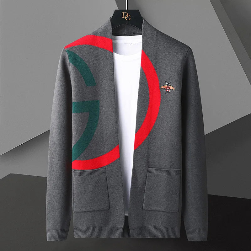 High end designer brand men's knitted cardigan autumn new fashion little bee embroidered sweater cardigan Korean casual coat