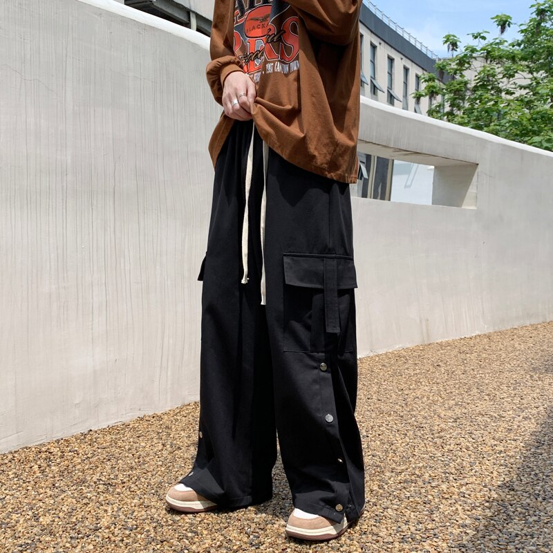 Purple Wide Leg Hip Hop Cargo Pants Button Decor Men Casual Cotton Pants Loose Baggy Trousers Streetwear Joggers Men Clothing