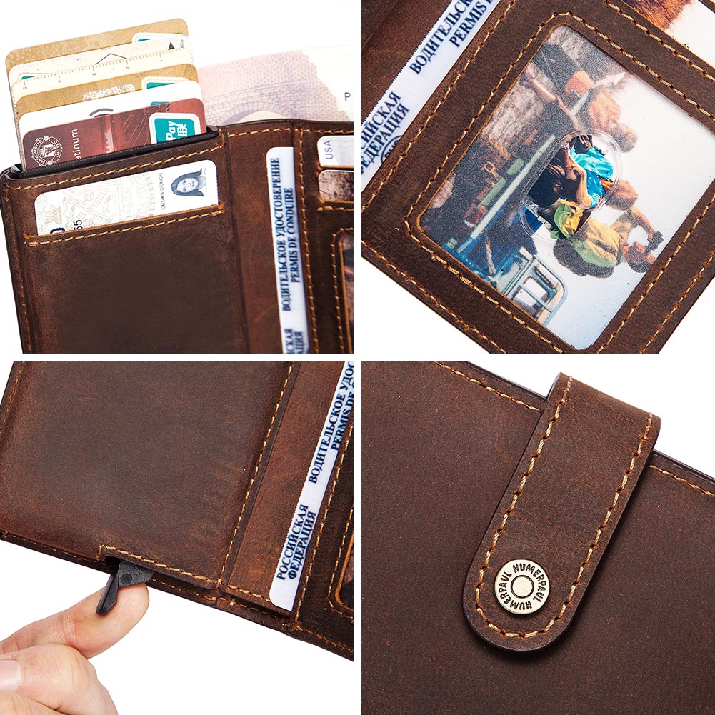 HUMERPAUL Crazy Horse Leather Mens Wallet with RFID Blocking Card Holder Mini Metal Pop Up Wallets Zipper Coin Pocket for Male