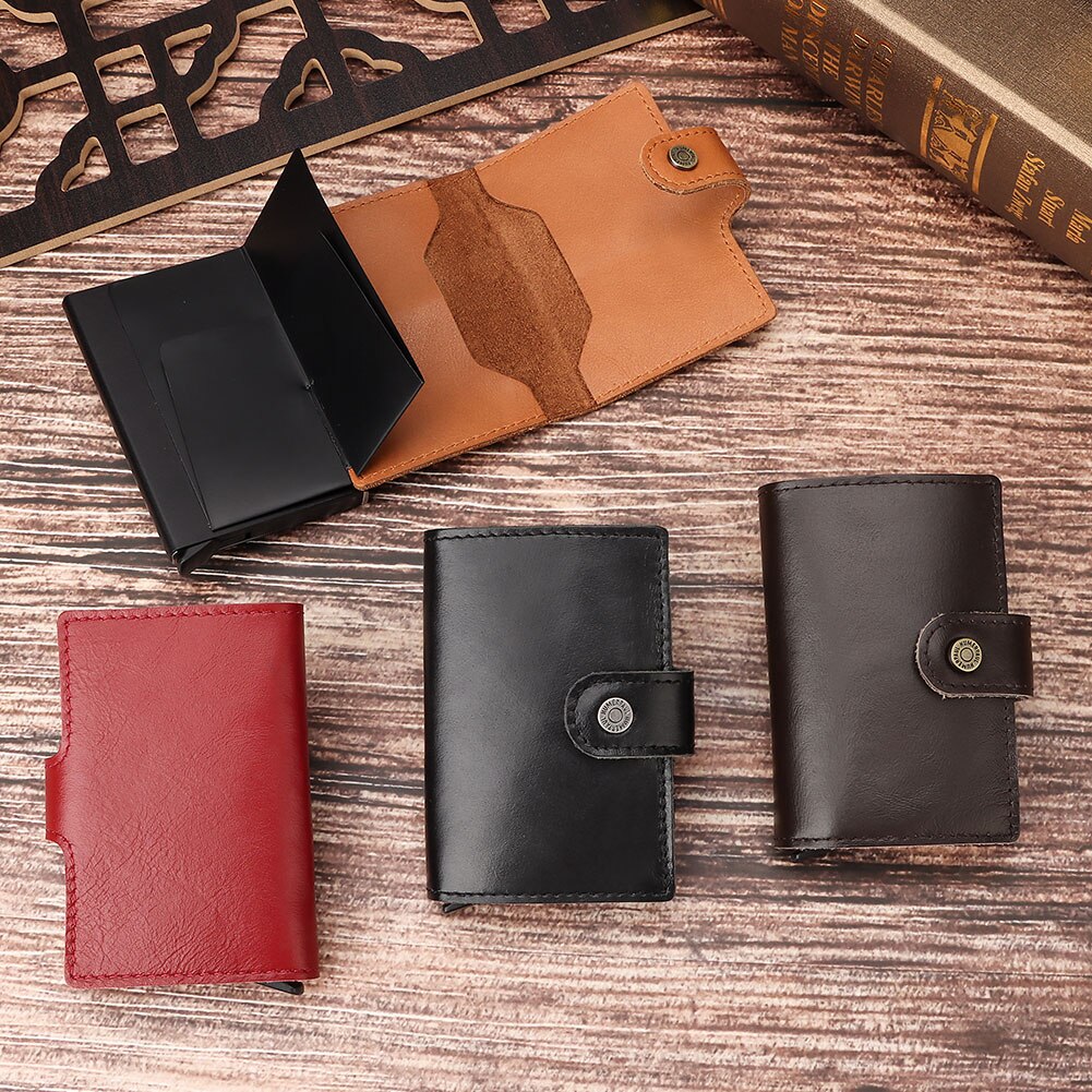 HUMERPAUL Genuine Leather Card Holder with Money Clip RFID Blocking Pop Up Smart Wallets Aluminum Men Travel Porte Carte