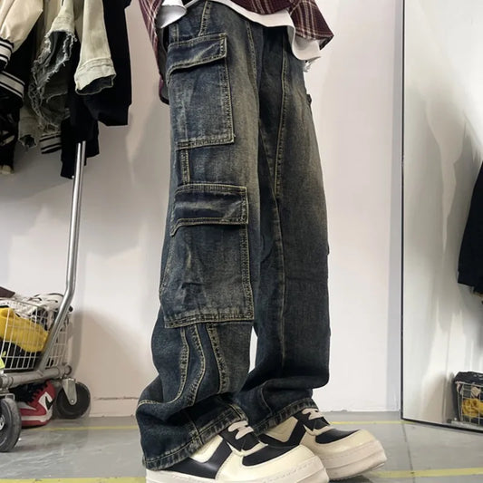 Men's Patchwork Blue Cargo Jeans Unisex Straight Casual Trousers Men Muti-pockets Hip Hop Streetwear 90s Vintage Fashion Pants