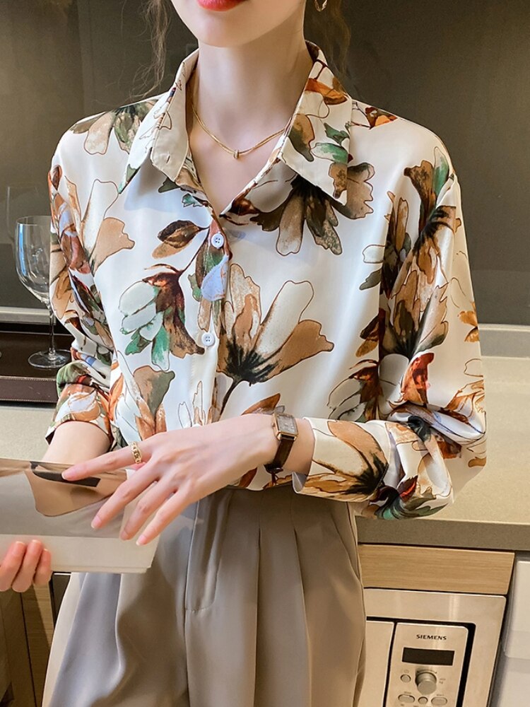 New Autumn Women Elegant Print Casual Blouses Long Sleeve Lapel Fashion Vintage Streetwear Shirts Tops Chic Female Clothes