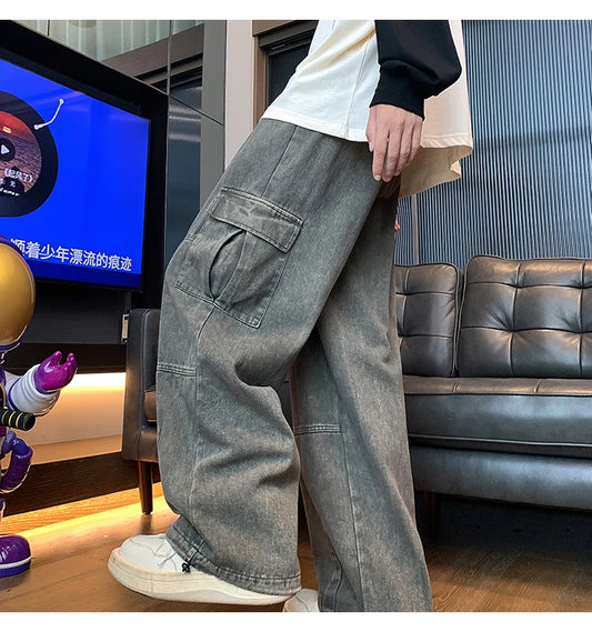 Multi-Pocket Washed Cargo Pants Men Women Y2K Vintage Streetwear Loose Oversized Straight Wide-Leg Jeans Dark Green/Purple