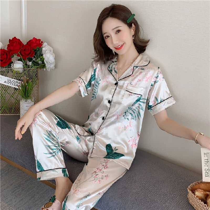 Short Sleeve Silk Pajamas Soft Women Summer Home Set Girl Sleepwear Pyjamas 3XL 4XL 5XL 85kg Nightwear Set Women Pjs