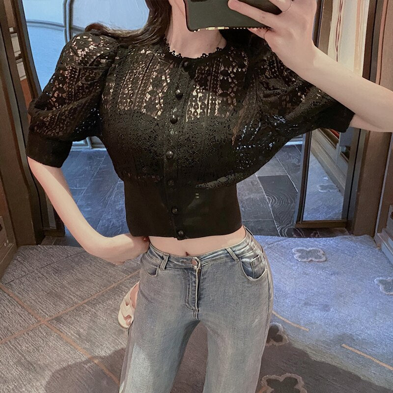 Summer O-neck Blouse Women Korean Hollow Lace White Shirt  2023 Casual Short Sleeve Button Loose Clothes Solid Female Tops 13607