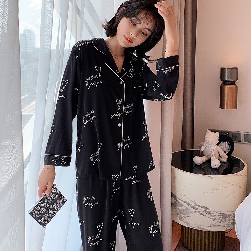 QSROCIO Simulation Silk Pajamas Women Summer Thin Long Sleeved Cardigan Two-piece Set Fashion Letter Printing Home Clothing