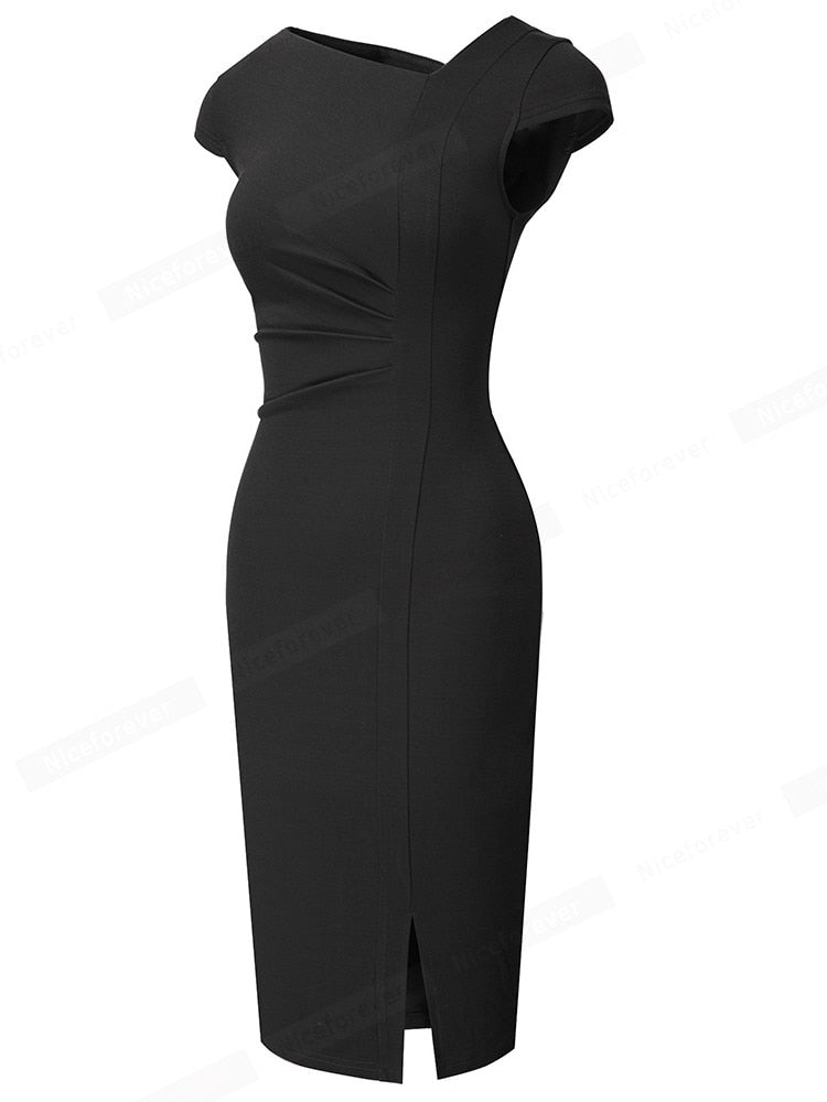 Nice-forever Summer Women Elegant Front Split Office Plain Dresses Business Formal Vintage Bodycon Slim Dress B700