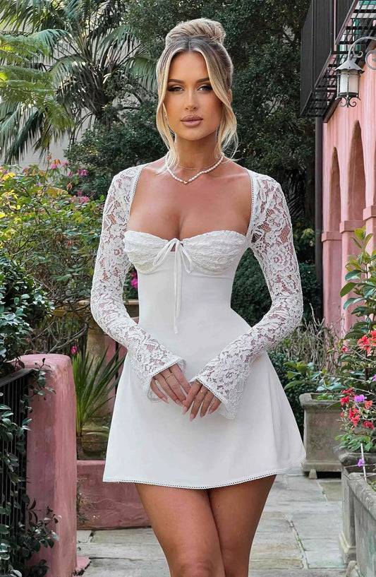 Elegant Sexy Lace Long Sleeved Hollow Skirt Women's Strapless Solid Color Pleated Lace Up Backless Casual Dress Party