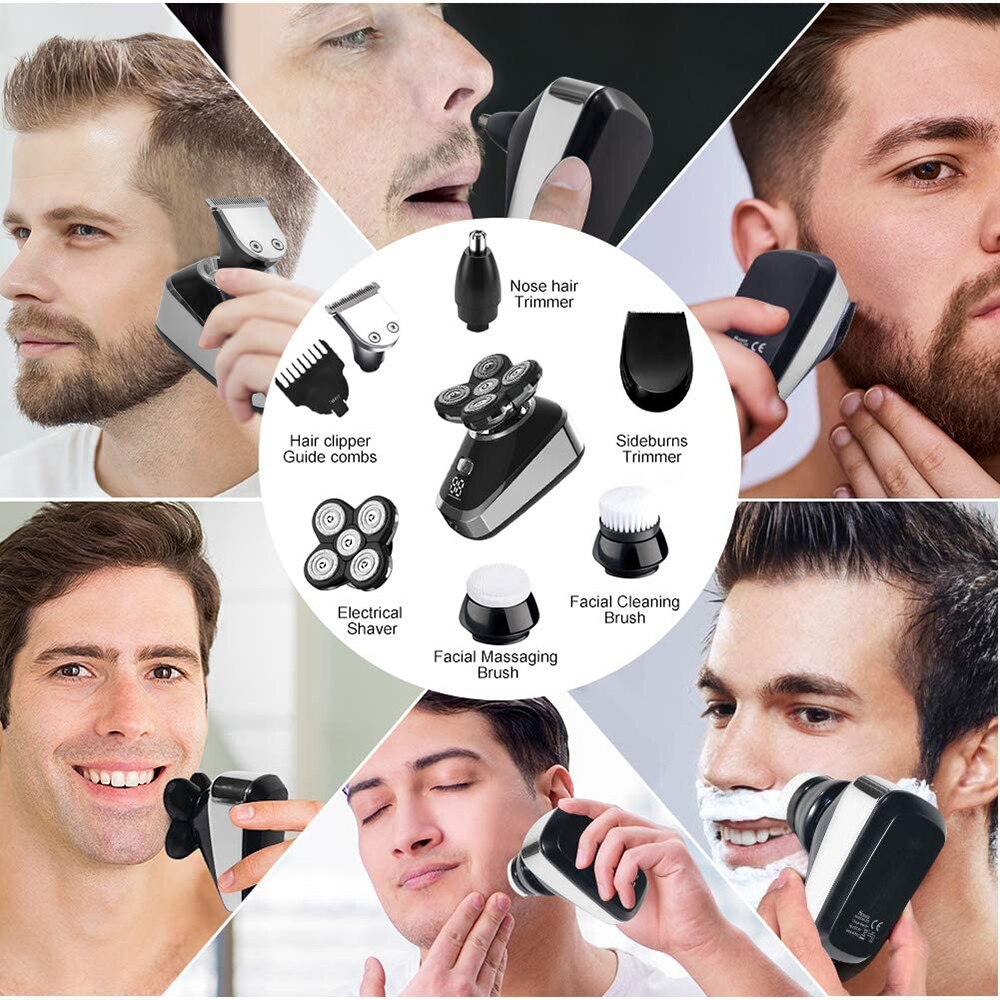 Hair Trimmer Clippers Cordless USB Rechargeable Electric Shaver for Men 6 in 1 Bald Head Rotary Grooming Kit with Beard Razors