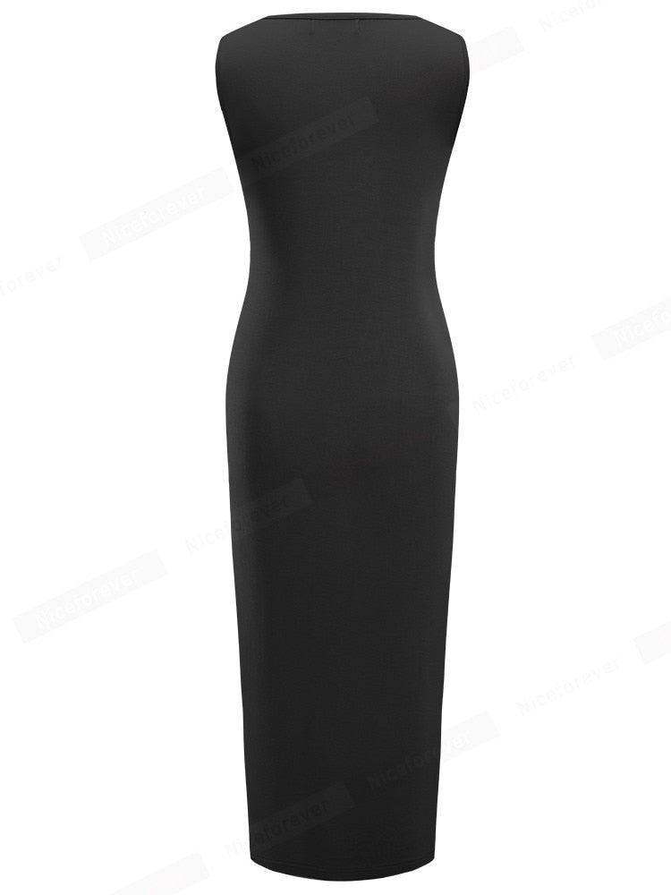 Nice-forever Summer Women Fashion Green Color Midi Dresses Casual Side Split Slim Straight Dress B634