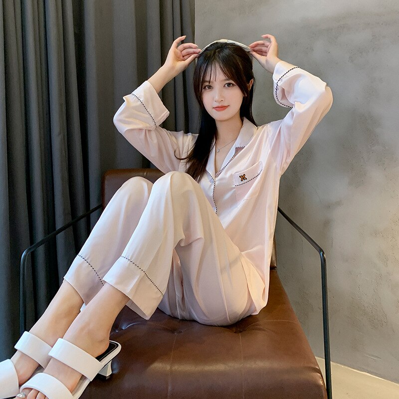 QSROCIO Women Solid Nightwear Spring Autumn Thin Long Sleeve Pant Two Piece Set Leisure Satin Silk Pajamas Fashion Home Clothing