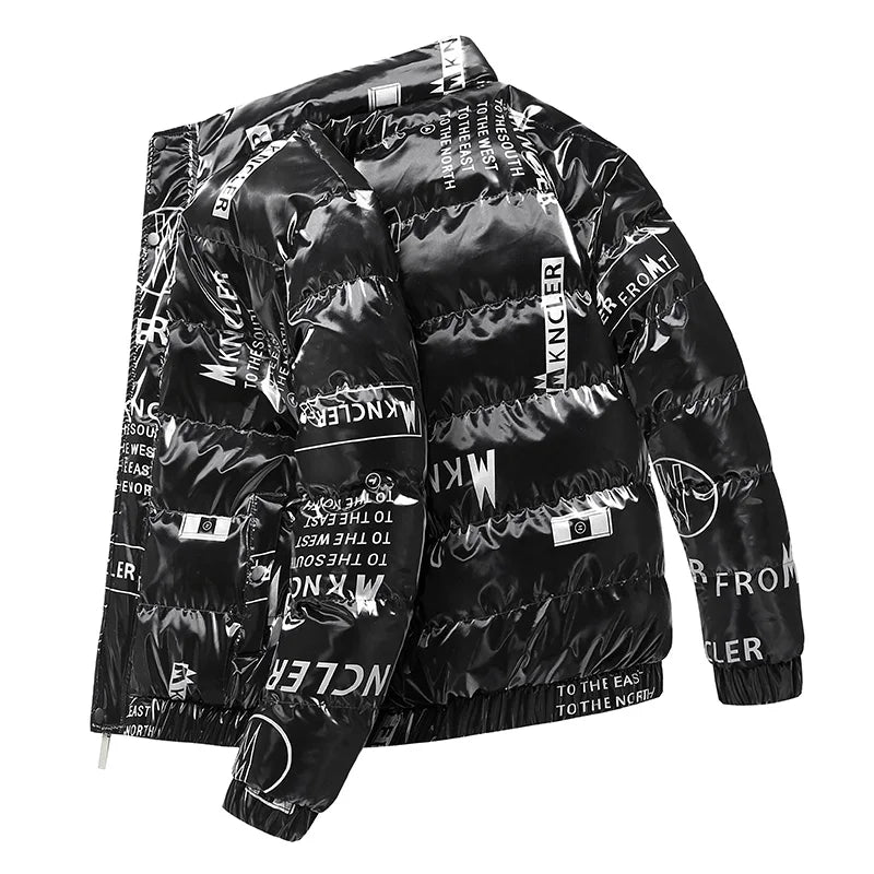 2023 New Winter Down Cotton Coat Men's Standing Neck Trend Printed Cotton Coat Fashion Versatile Casual Bright Coat Cotton Coat