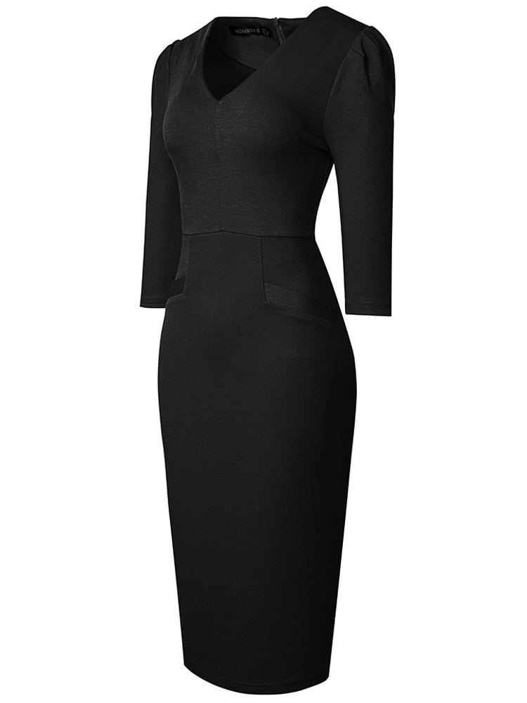 Nice-Forever Autumn Women Classy V Neck Plain Dresses Formal Business Party Elegant Bodycon Slim Dress B742