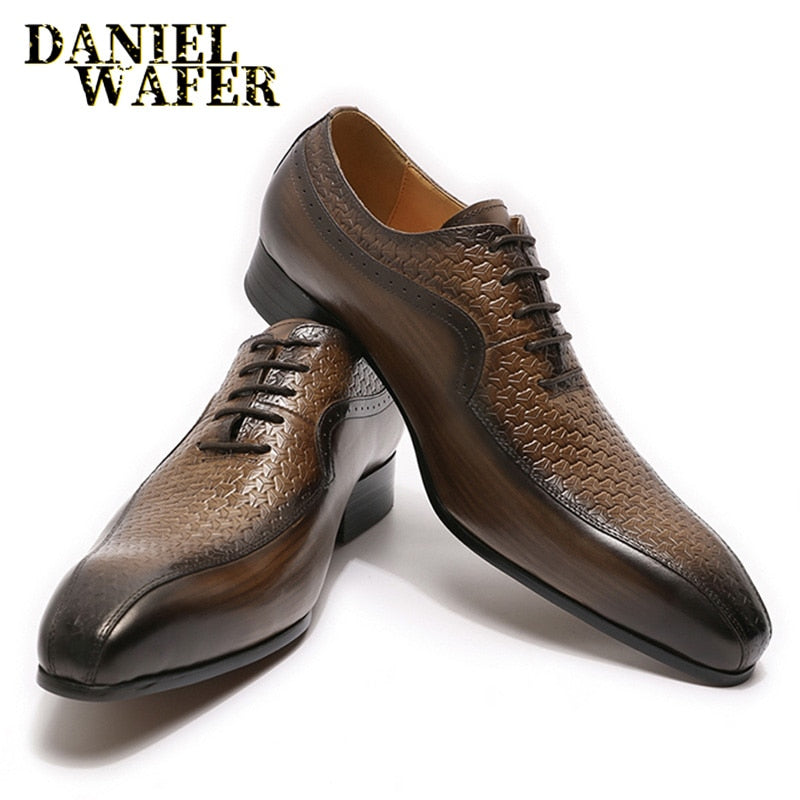 Luxury Brand Men's Oxford Formal Shoes Black Brown Pointed Toe Lace Up Office Business Wedding Genuine Leather Shoes for Men
