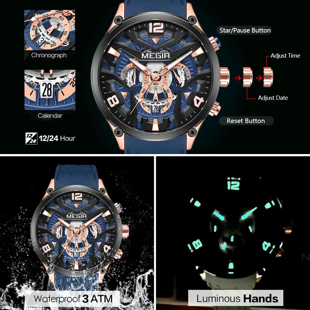 MEGIR Military Sport Quartz Watch Men Navy Blue Silicone Belt Waterproof Wristwatch with Date Chronograph Luminous hands 24-hour