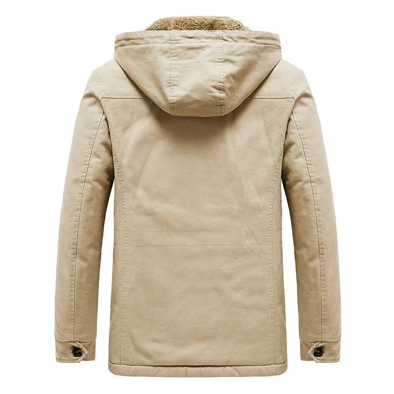 Winter Fleece Jacket Men Thick Warm Hooded Outerwear Mens Solid Multi Pocket Casual Cargo Coat Cotton Jacket Man Zipper Parkas