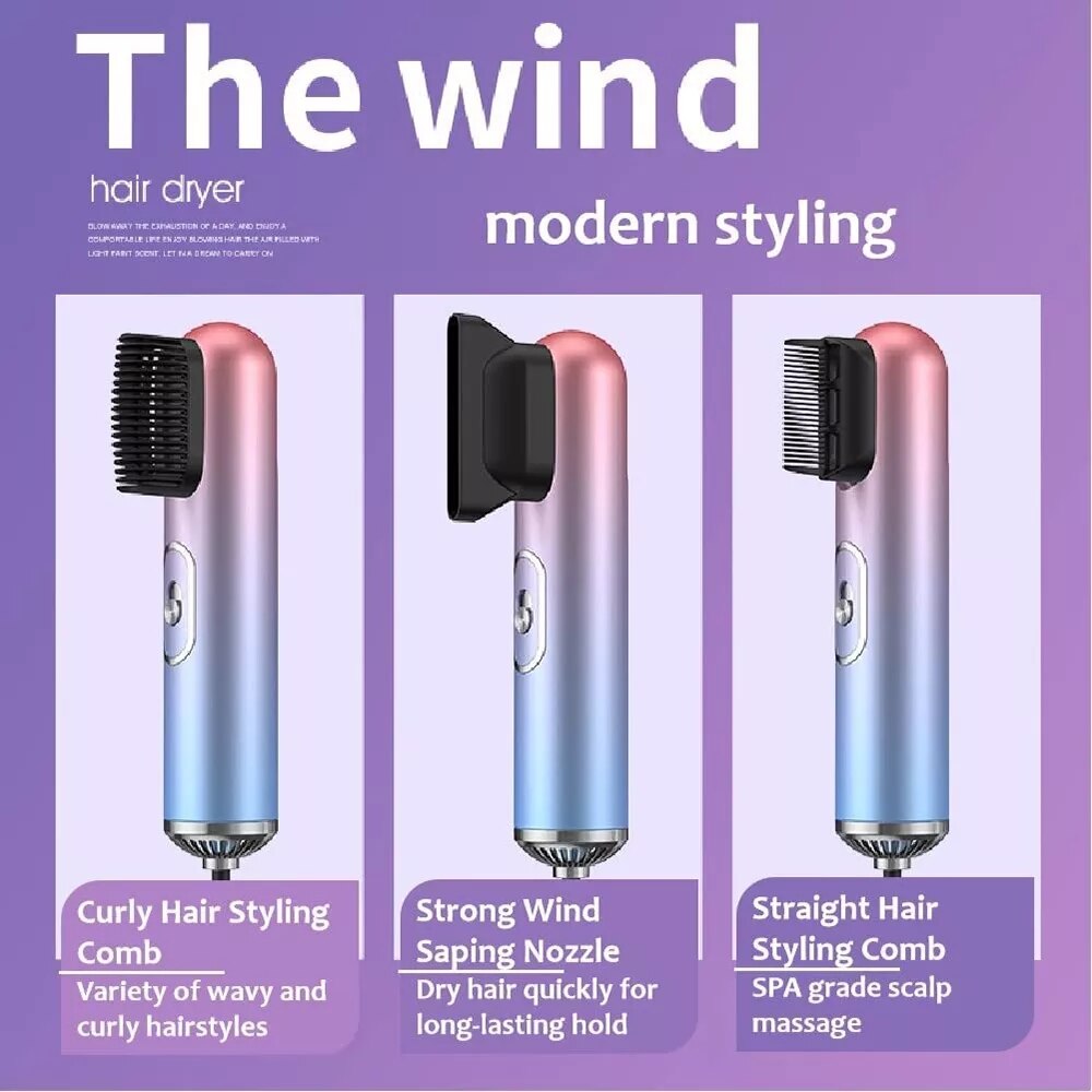 One Step Hair Dryer 3 in 1 Blue Light Negative Ion Leafless Blowdryer with 3 Air Nozzle 2 Speed Low Noise Strong Wind with Comb