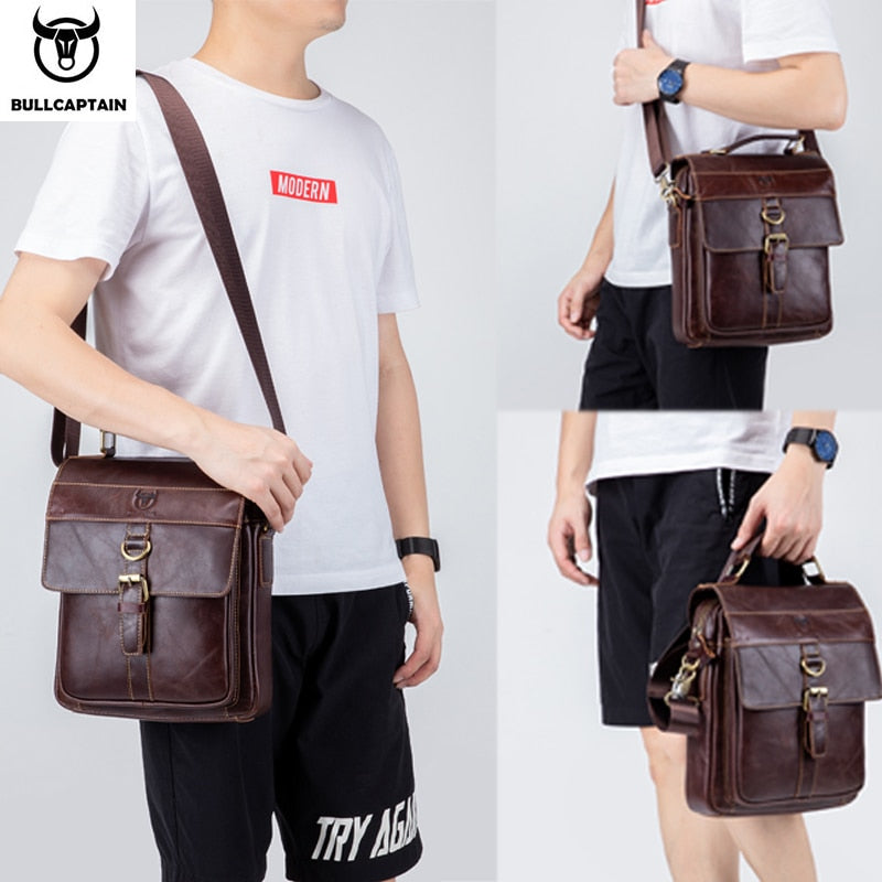 BULLCAPTAIN Men's Leather Shoulder Bag, Retro Business Crossbody Bag, Large Capacity Fashion Casual Youth Student Handbag