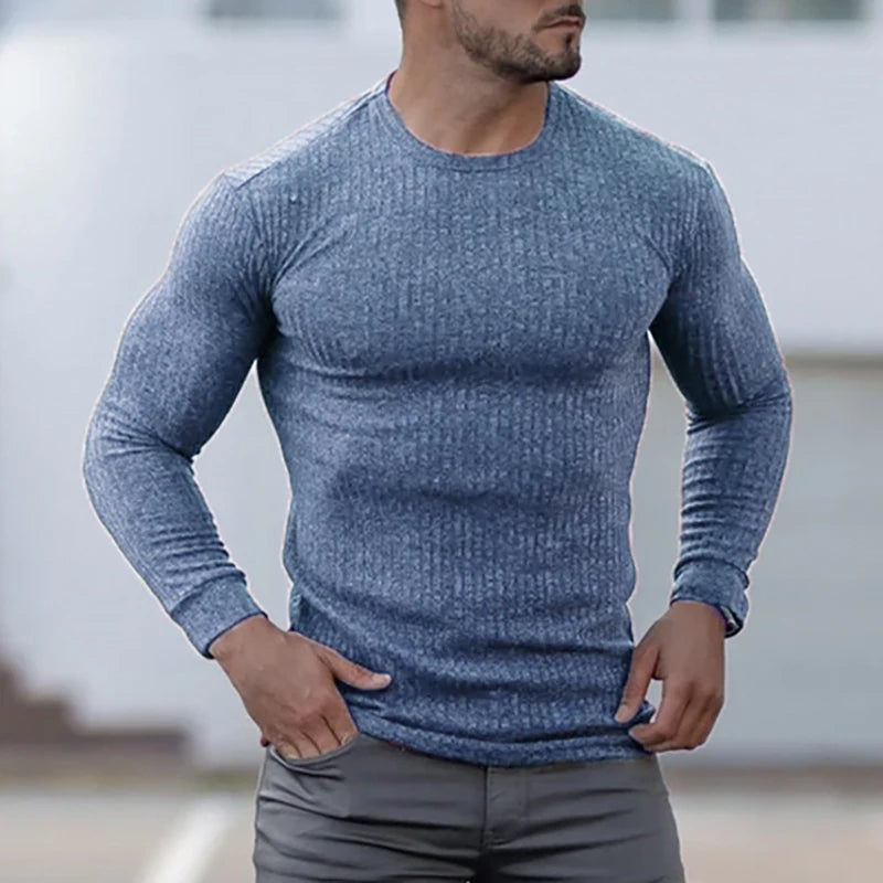Spring Autumn Knitted Sports Long-sleeved Men's Slim Fit Round Neck Running T-shirt Men Casual Gym Training Bodybuilding Tops