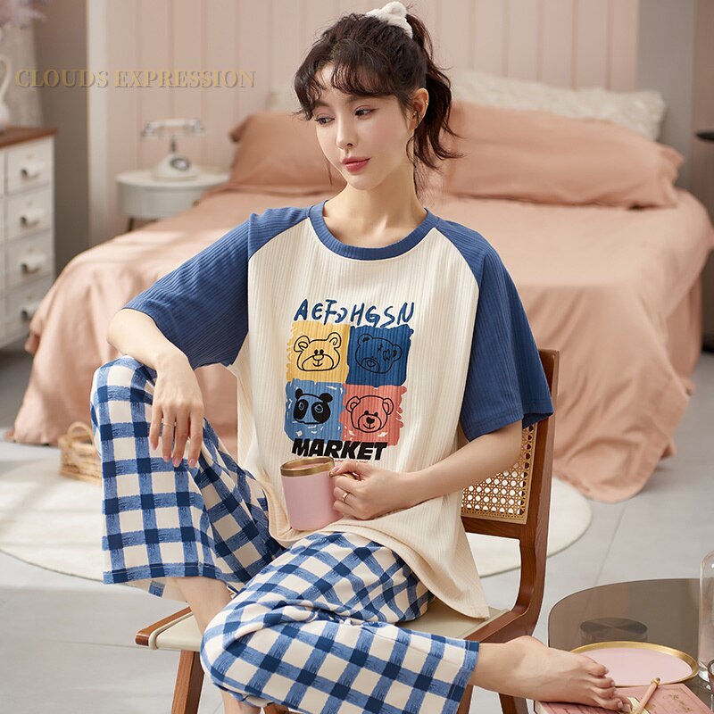 Summer Knitted Cotton Elegant Pajamas Set Women Pyjamas Polka Dots Sleepwear Nightwear Pijama Mujer Plus Size Calf-Length Pants