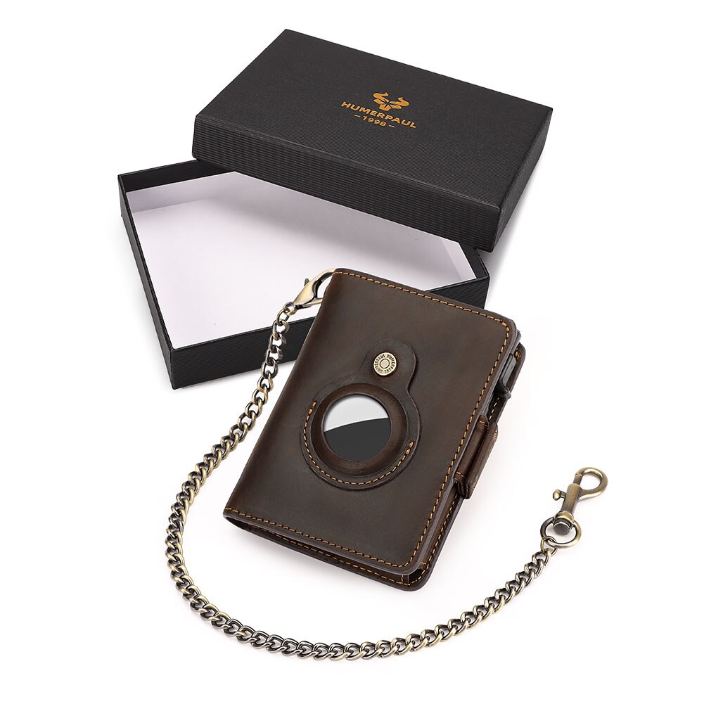HUMERPAUL AirTag Pop-up Card Holder Purse RFID Protect Credit Cardholder Crazy Horse Leather Men's Wallet with Chain Coin Pocket