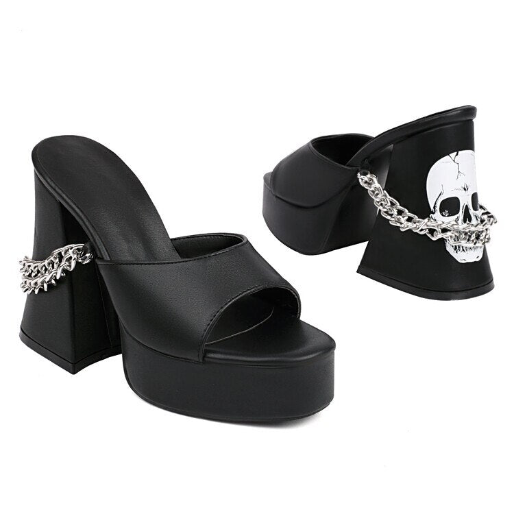 GIGIFOX Women Platform Slides Sandals Metal Chain Skull Goth Shoes Summer Slippers Outdoor Punk Cool Open Toe Mules High Heels