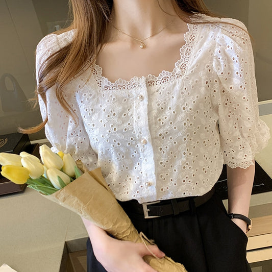 Fashion Summer Short Sleeve Shirts Woman White Blouse Women 2023 Elegant Square Collar Hollow Out Korean Lace Shirt Blusas 13934