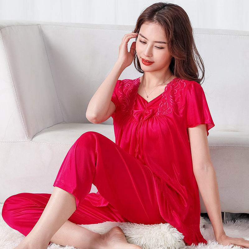 Women Home Clothing Big Nightshirt Shorts Summer Satin Silk Trousers Suit Women Middle-aged Lace Large 5XL Pajamas Bedroom Set