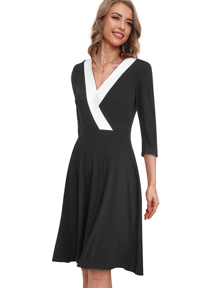 Nice-Forever Autumn Women Classy Contrast Color Patchwork Dresses Casual Party Elegant Flare Dress A320