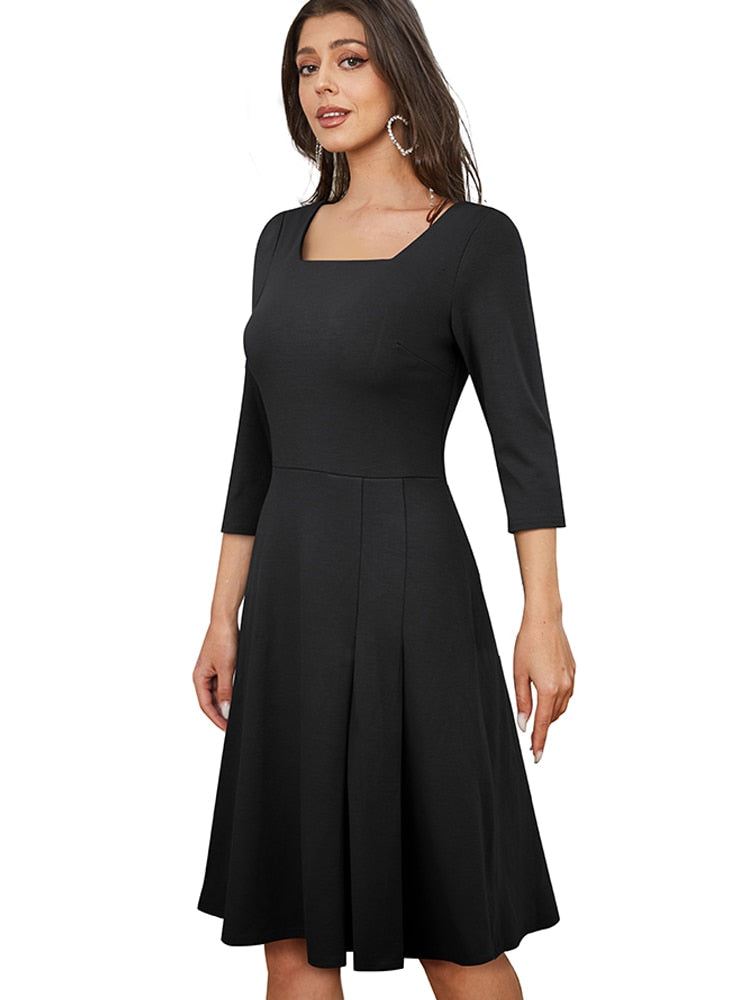 Nice-Forever Autumn Women Classy Pleated Plain Dresses Formal Business Elegant Flare Dress A318