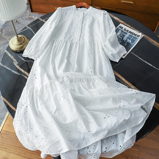 New Women Elegant Embroidered Lace White Female Splicing Dress Floral Hollow Out Loose Casual Party Vestidos