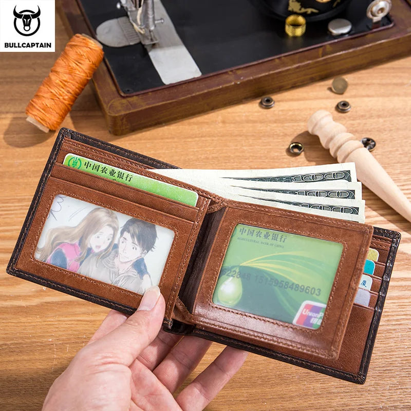 BULLCAPTAIN RFID Blocking Men's Leather Wallet Bifold Slim Wallet Multi-card Card Holder ID Wallet QB 05