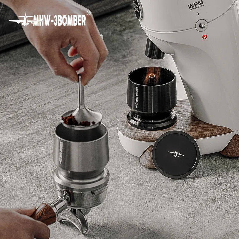 MHW-3BOMBER Espresso Dosing Funnel with Stirrer Stainless Steel Coffee Dosing Cup Fit 58mm Portafilter Home Barista Accessories