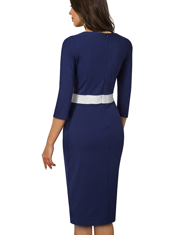 Nice-Forever Autumn Women Classy Contrast Color Patchwork Office Dresses Formal Business Elegant Bodycon Dress B746